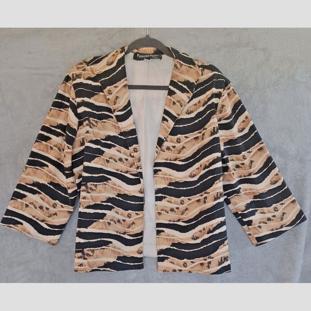 Painted Pony Sz XL Jacket Animal Print‎ Artsy Abstract Open 3/4 Sleeve Tan Black